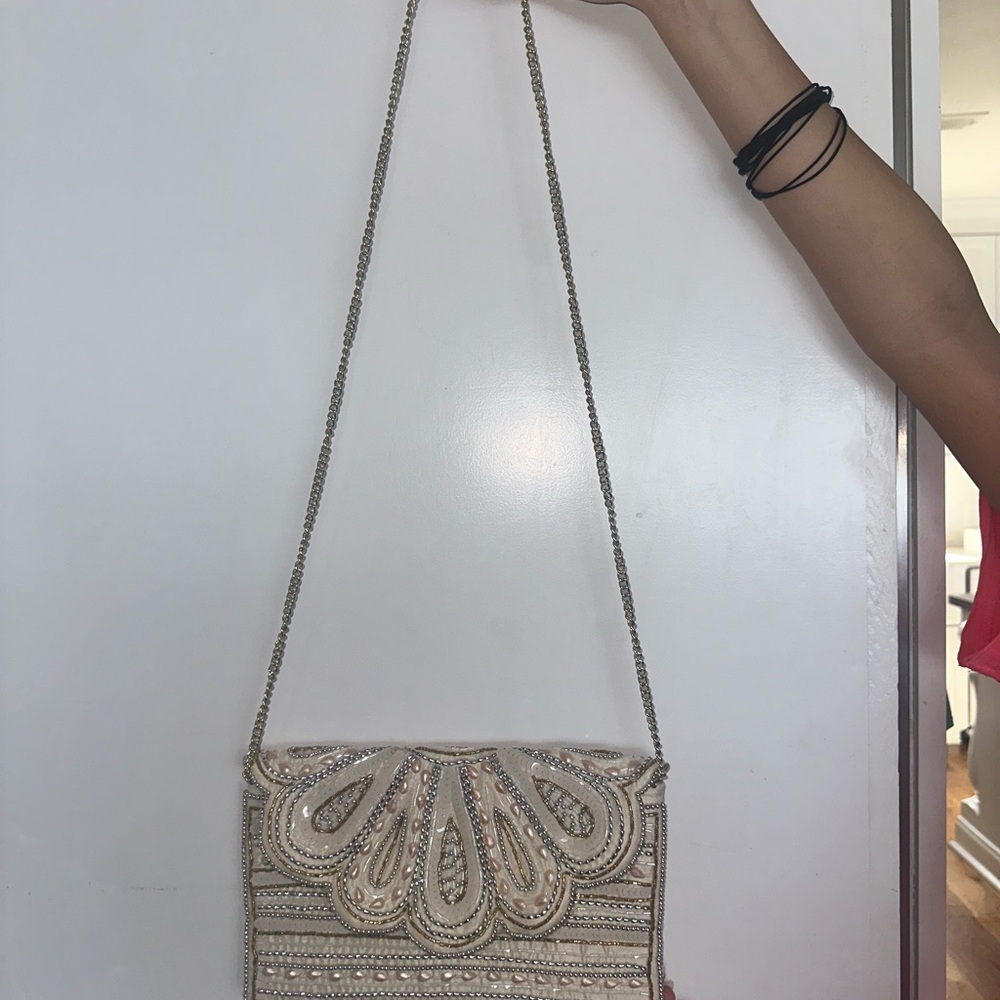 Elegant Cream Beaded Shoulder Bag